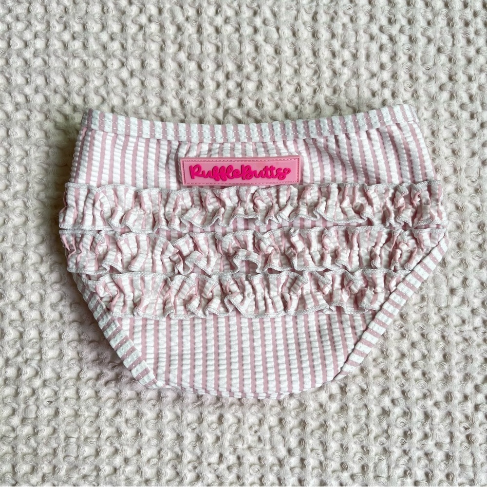 Ruffle Butts Pink & White Seersucker Swim Bottoms